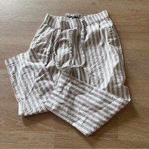 Zara Paperbag Waist Striped Pants Tie Belt Wide Leg Relaxed Tan White Size L